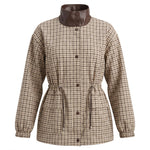 graced The Macy Mock Neck Jacket in beige plaid with a brown faux leather collar and adjustable drawstring waist