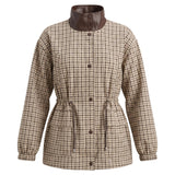 graced The Macy Mock Neck Jacket in beige plaid with a brown faux leather collar and adjustable drawstring waist
