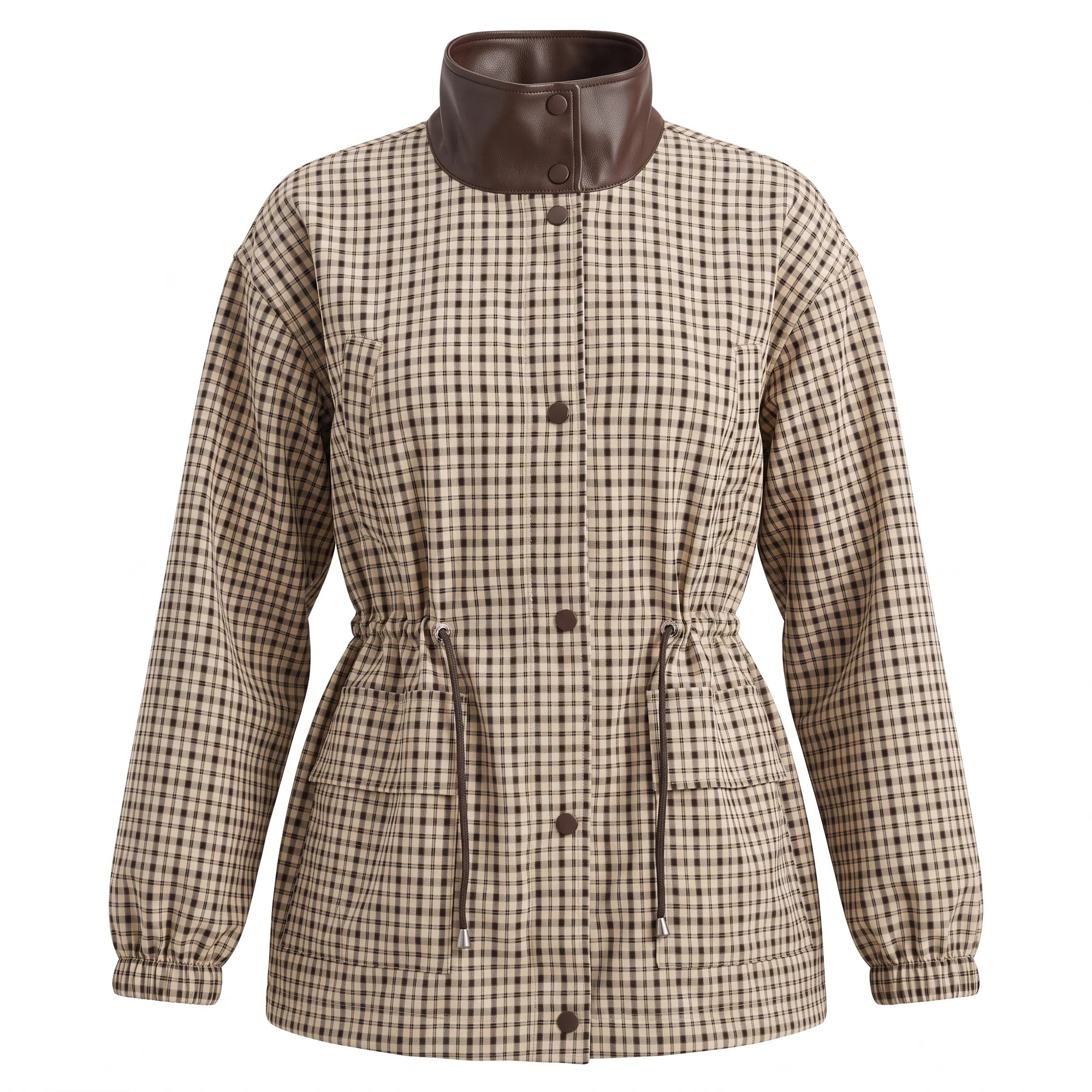 graced The Macy Mock Neck Jacket in beige plaid with a brown faux leather collar and adjustable drawstring waist