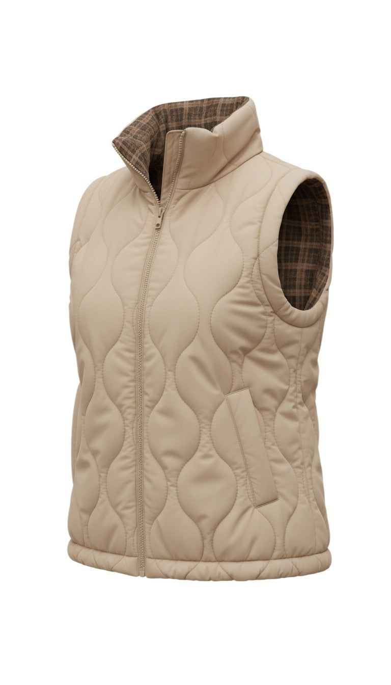 graced Madilynne beige quilted vest with a brown plaid collar and zip-up front for layering