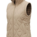 graced Madilynne beige quilted vest with a brown plaid collar and zip-up front for layering