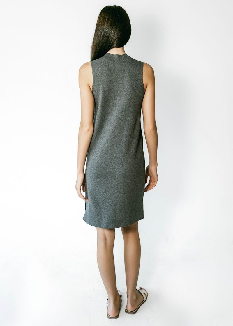 Gray sleeveless ribbed knit midi dress by graced, featuring a fitted silhouette and stylish neckline.