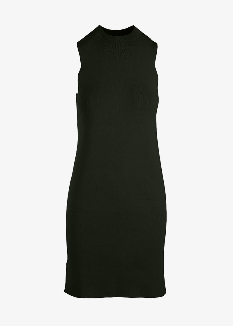 Graced Margot sleeveless ribbed knit midi dress shown in beige with fitted silhouette and V-neck design.