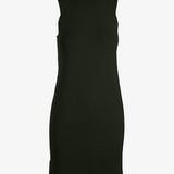 Graced Margot sleeveless ribbed knit midi dress shown in beige with fitted silhouette and V-neck design.