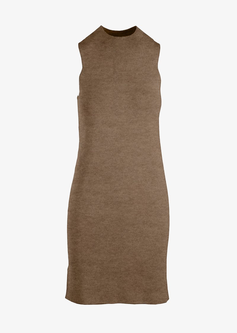 Gray sleeveless ribbed knit midi dress by graced with a fitted silhouette and mock neck, perfect for casual or chic occasions.