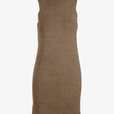 Gray sleeveless ribbed knit midi dress by graced with a fitted silhouette and mock neck, perfect for casual or chic occasions.