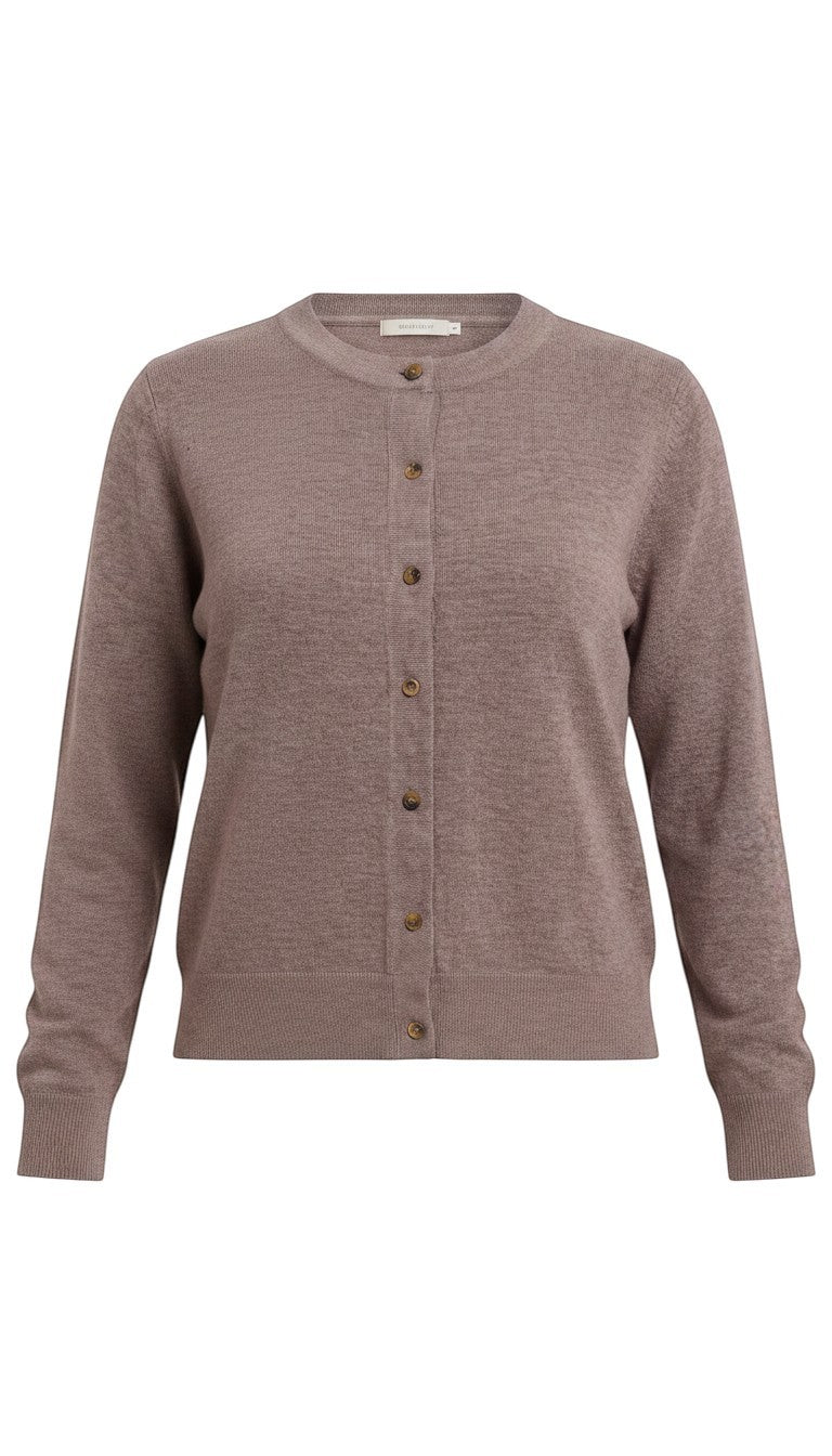 graced mauve crew neck button down cardigan with long sleeves and a relaxed fit for versatile layering