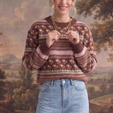 graced mocha Fair Isle knit sweater with floral and geometric patterns, crew neck, and ribbed cuffs on a model.