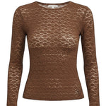 Mocha floral lace knit top from Forte, stylish women's knit top with delicate lace details and a soft, textured fabric.