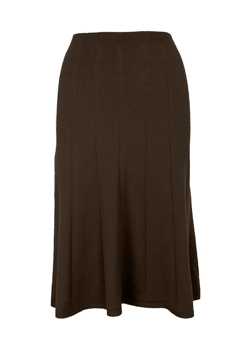 graced Monica brown ribbed midi skirt made from EcoViscose blend with A-line silhouette and pull-on waistband.