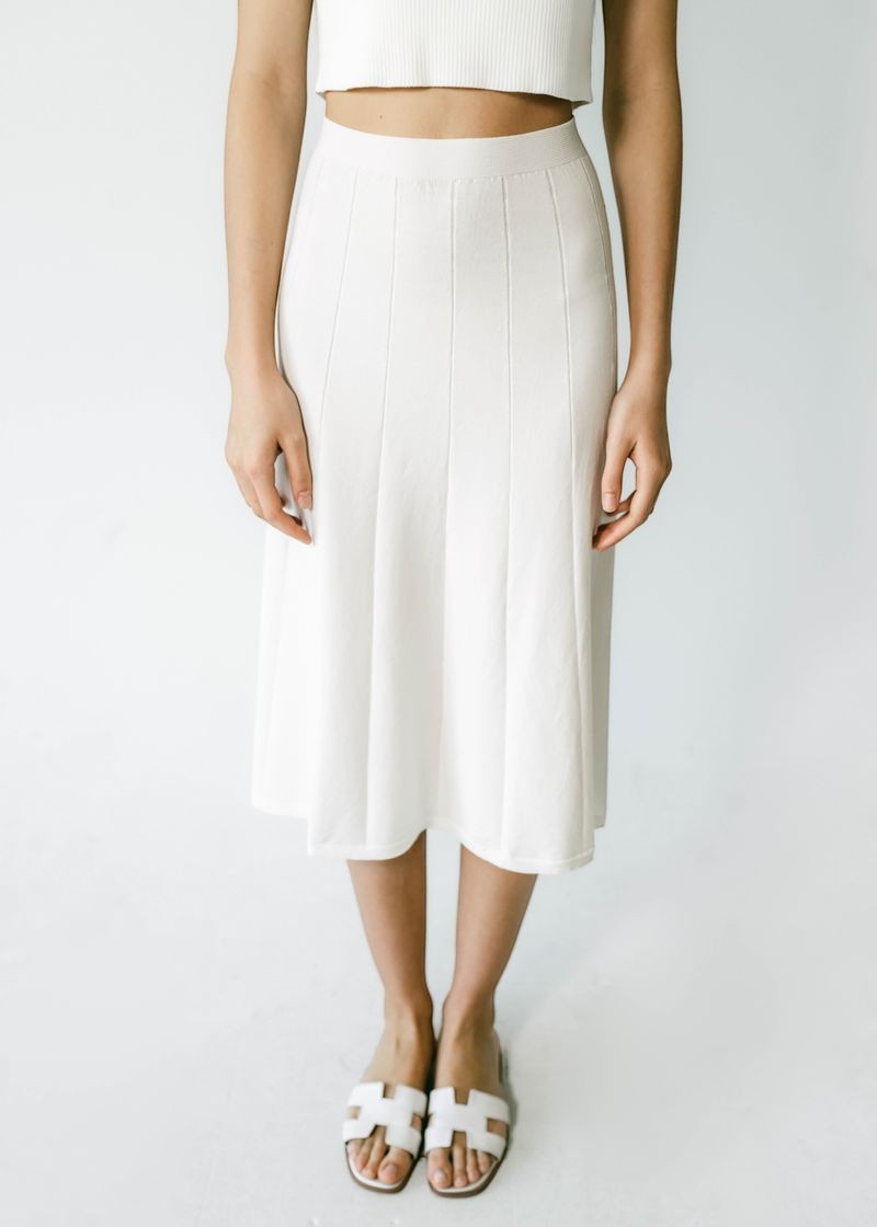 graced Monica white ribbed knit midi skirt with A-line silhouette and pull-on waistband