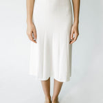 graced Monica white ribbed knit midi skirt with A-line silhouette and pull-on waistband