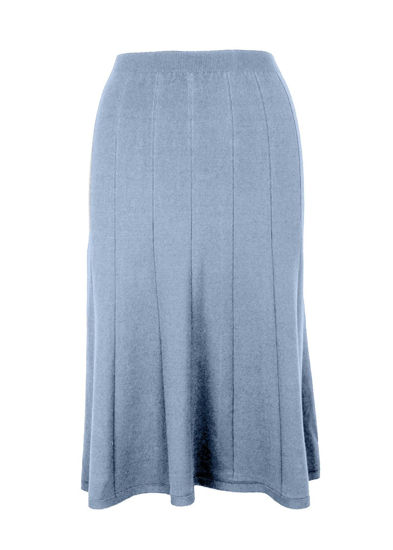 graced Monica light blue variegated ribbed midi skirt made from EcoViscose blend with A-line silhouette and pull-on waistband.
