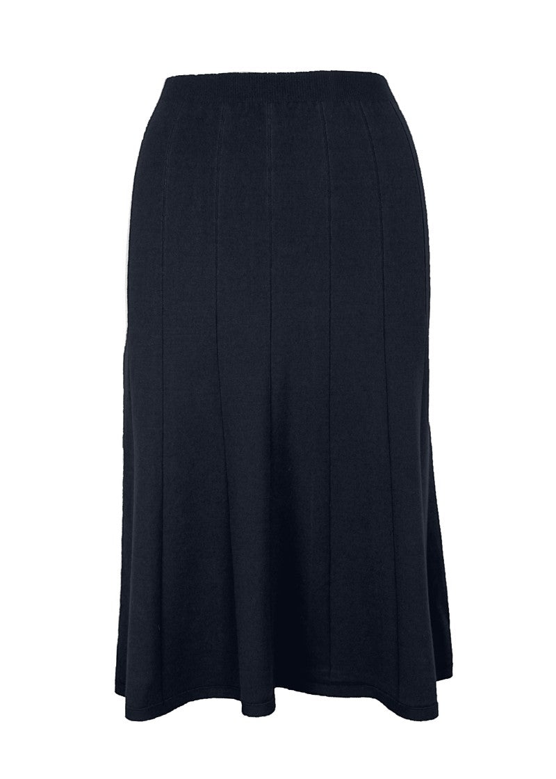 graced Monica navy blue ribbed midi skirt in EcoViscose blend with A-line silhouette and pull-on waistband.