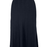 graced Monica navy blue ribbed midi skirt in EcoViscose blend with A-line silhouette and pull-on waistband.
