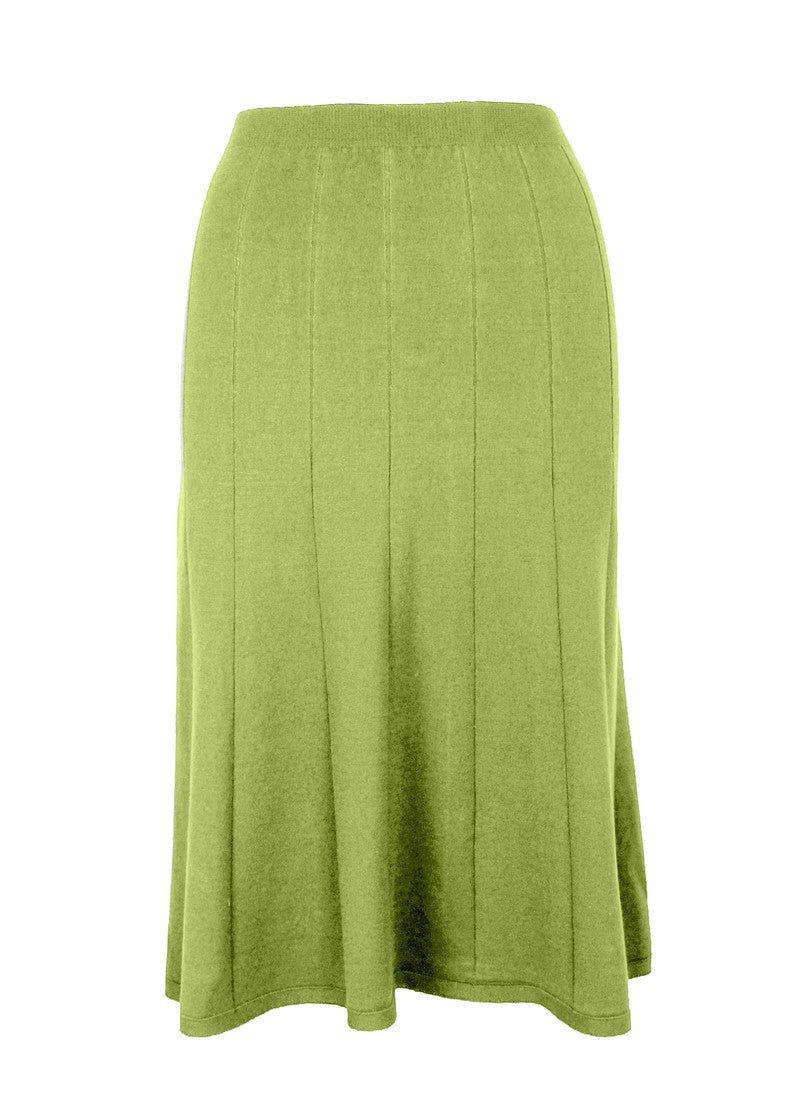 graced Monica A-line midi skirt in variegated ribbed lime green EcoViscose blend with pull-on waistband.