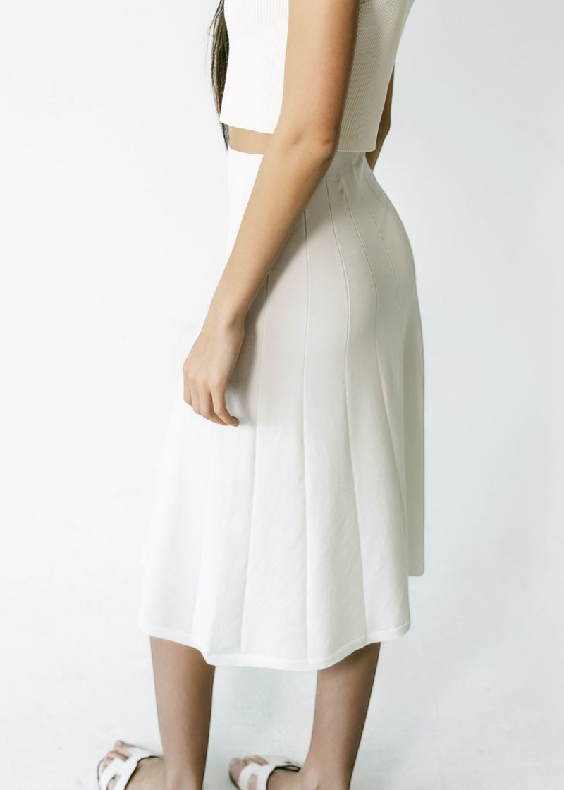 graced Monica white ribbed A-line midi skirt crafted from EcoViscose blend with a comfortable pull-on waistband.