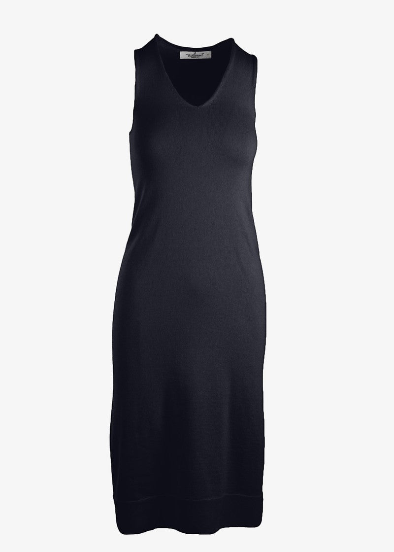 graced Natalie Dress, a sleeveless navy blue V-neck midi dress made of 100% cotton with a 1x1 links hem detail.