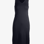 graced Natalie Dress, a sleeveless navy blue V-neck midi dress made of 100% cotton with a 1x1 links hem detail.