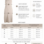 Graced Natalie Dress size chart with measurements for chest and hip width, and tips for finding the best fit.
