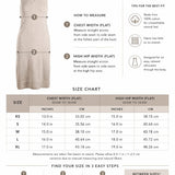 Graced Natalie Dress size chart with measurements for chest and hip width, and tips for finding the best fit.