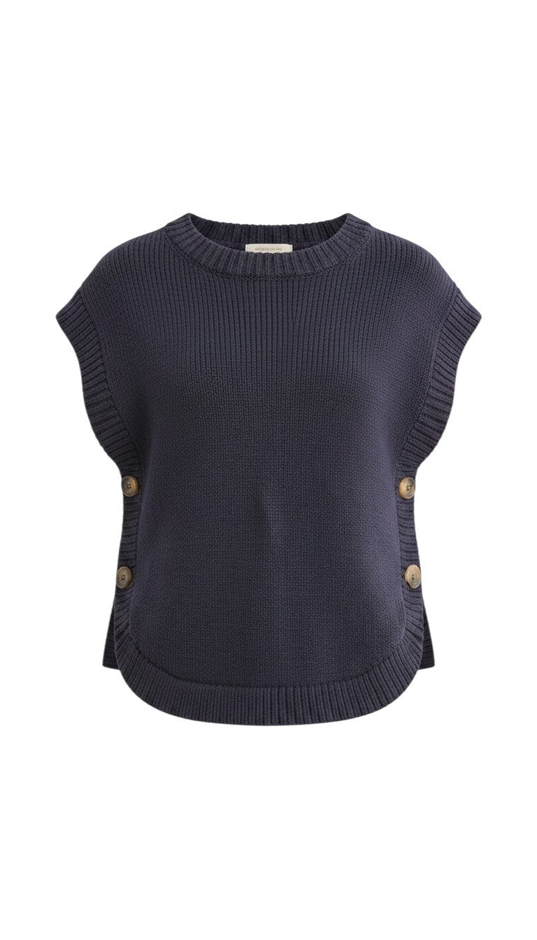 graced navy crew neck sweater vest in a cotton blend knit with side button details and a curved hem