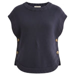 graced navy crew neck sweater vest in a cotton blend knit with side button details and a curved hem