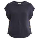 graced navy crew neck sweater vest in a cotton blend knit with side button details and a curved hem