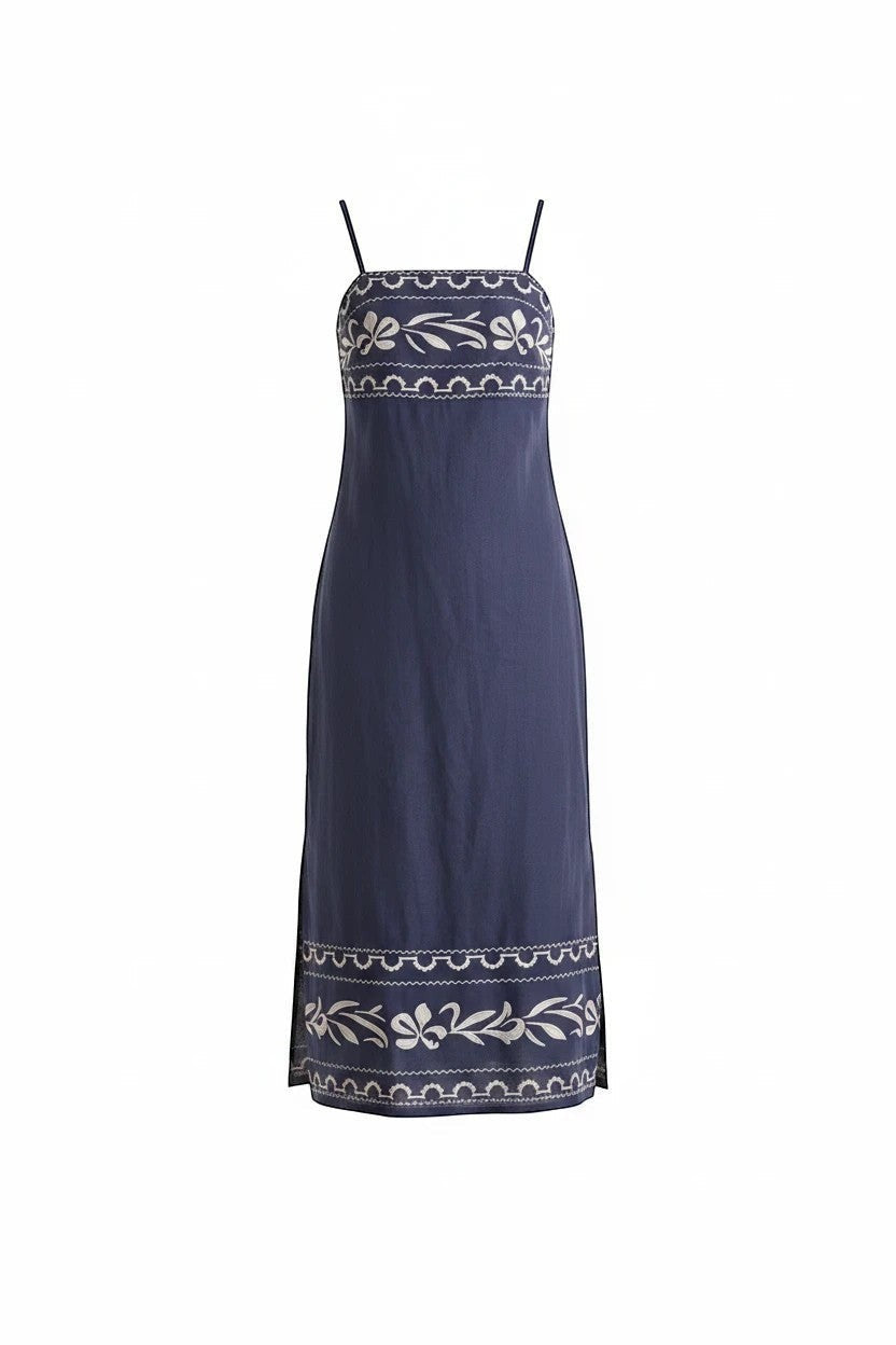 Navy embroidered straight neck midi dress by Forte, featuring intricate embroidery and elegant midi-length design.