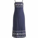 Navy embroidered straight neck midi dress by Forte, featuring intricate embroidery and elegant midi-length design.