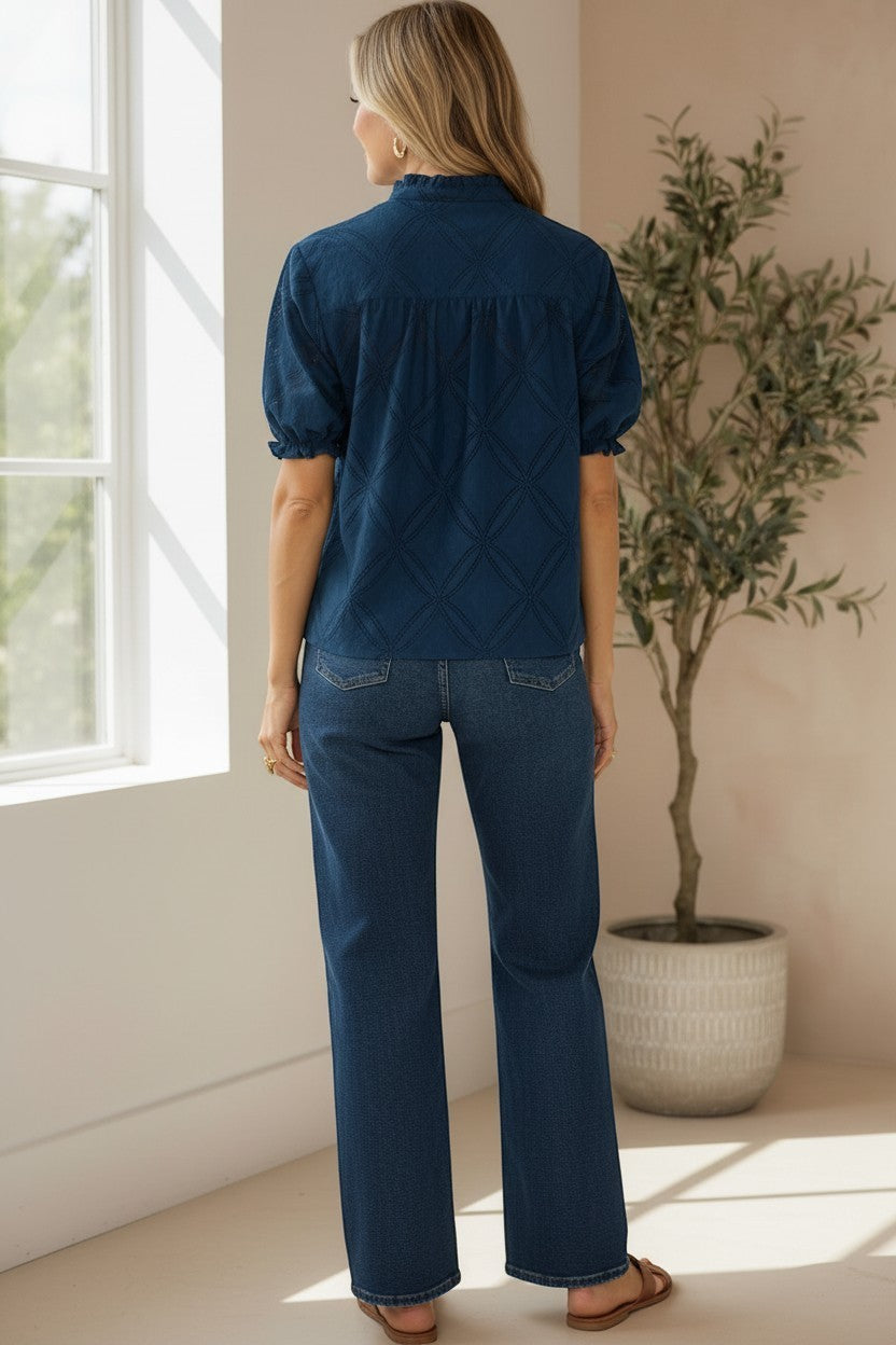 Navy puff sleeve split neck blouse from Lovestitch, featuring a stylish design with puffed sleeves and a split neckline.