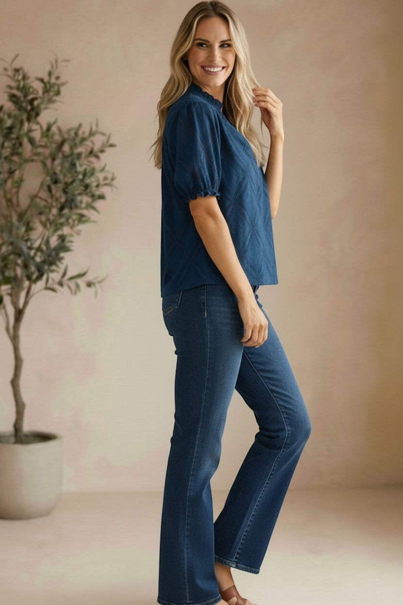 Navy puff sleeve split neck blouse from Lovestitch featuring ruffled puff sleeves and a relaxed fit.