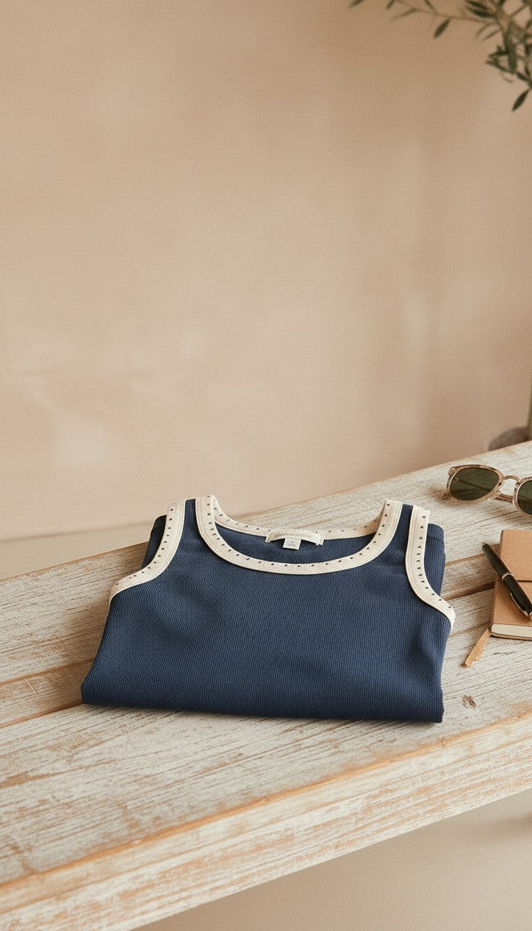 Navy blue ribbed tank top from Z Supply's The Clarke Ribbed Tank, featuring a fitted sleeveless design and ribbed fabric.