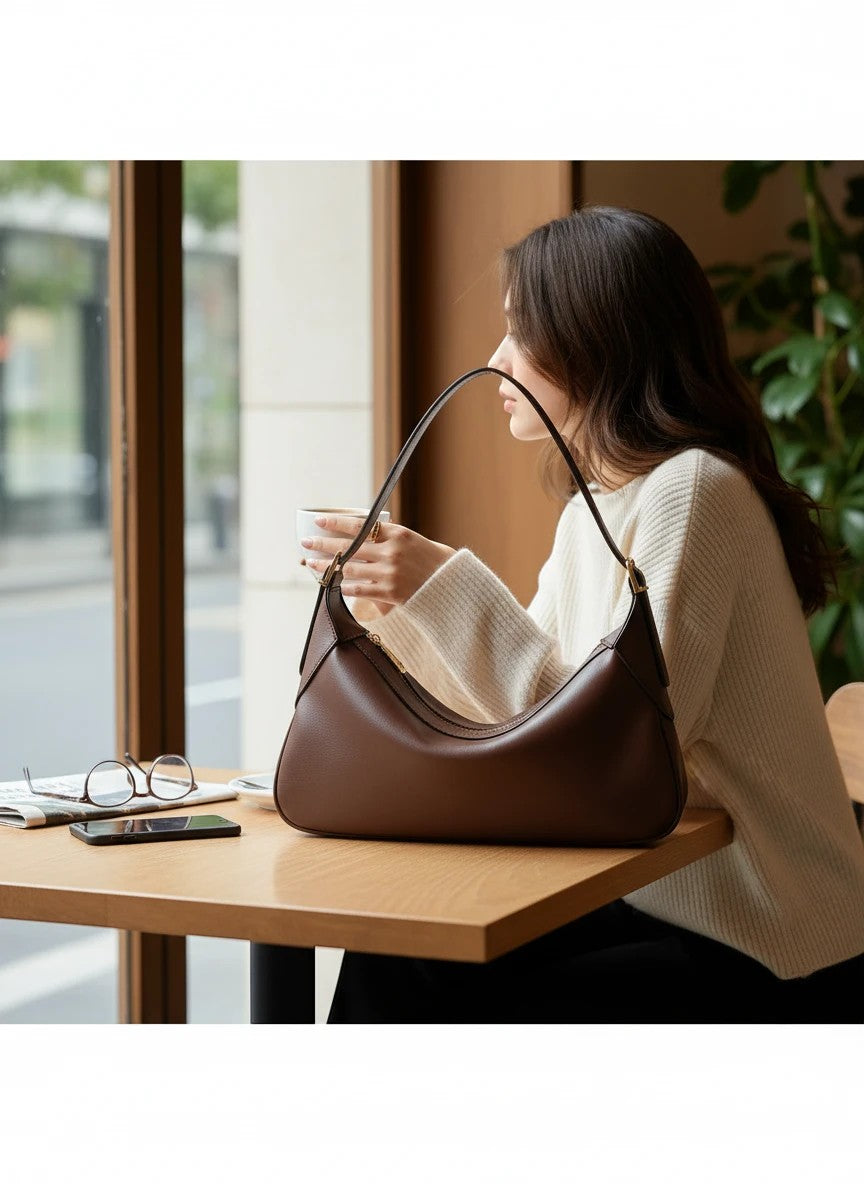 Melie Bianco Nicolette shoulder bag in espresso with sleek design and adjustable strap on a neutral background.