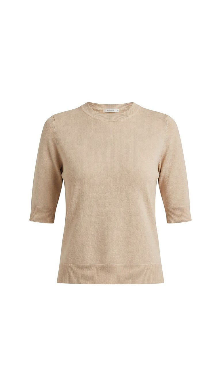 graced oatmeal short sleeve knit top with a classic crew neckline and ribbed trim in a soft breathable fabric