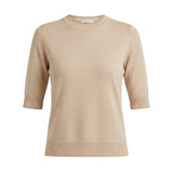 graced oatmeal short sleeve knit top with a classic crew neckline and ribbed trim in a soft breathable fabric