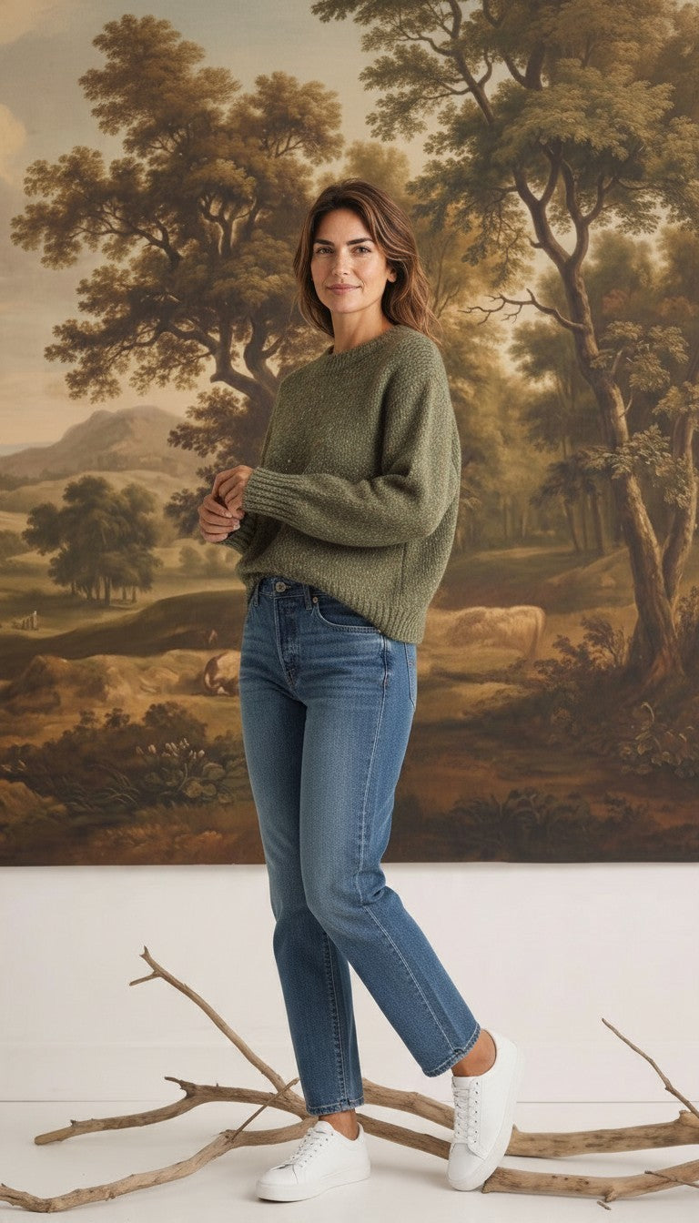 graced chunky olive green crewneck sweater worn by a woman with blue jeans and white sneakers