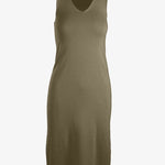 graced olive green 100% cotton sleeveless V-neck midi dress with a 1x1 links hem detail