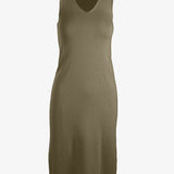 graced olive green 100% cotton sleeveless V-neck midi dress with a 1x1 links hem detail