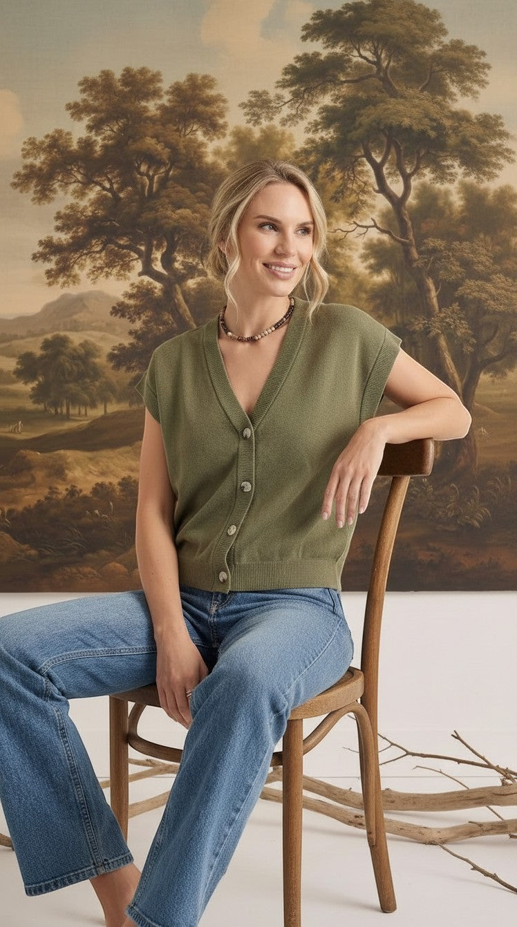 graced olive sleeveless button-down cotton top worn by a smiling model with blue jeans in a studio setting