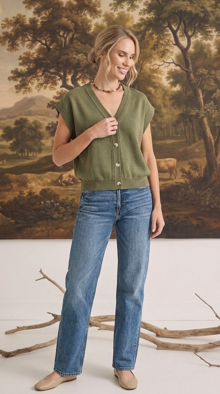 graced model wearing an olive green sleeveless cotton button-down top with blue jeans in a studio setting