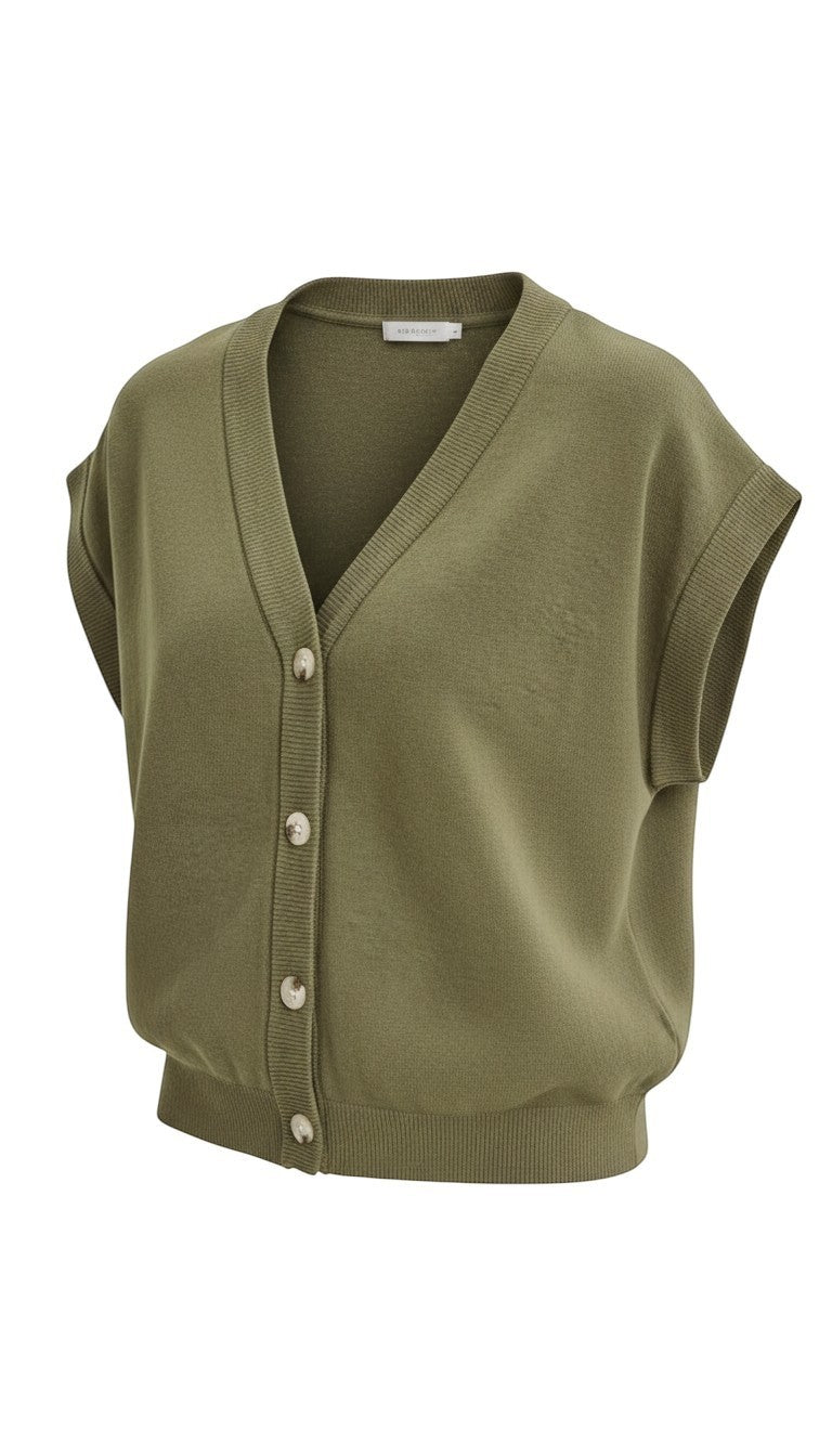 graced olive green sleeveless cotton button-down knit top with a V-neckline and ribbed hem