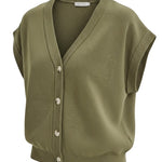 graced olive green sleeveless cotton button-down knit top with a V-neckline and ribbed hem