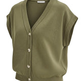 graced olive green sleeveless cotton button-down knit top with a V-neckline and ribbed hem