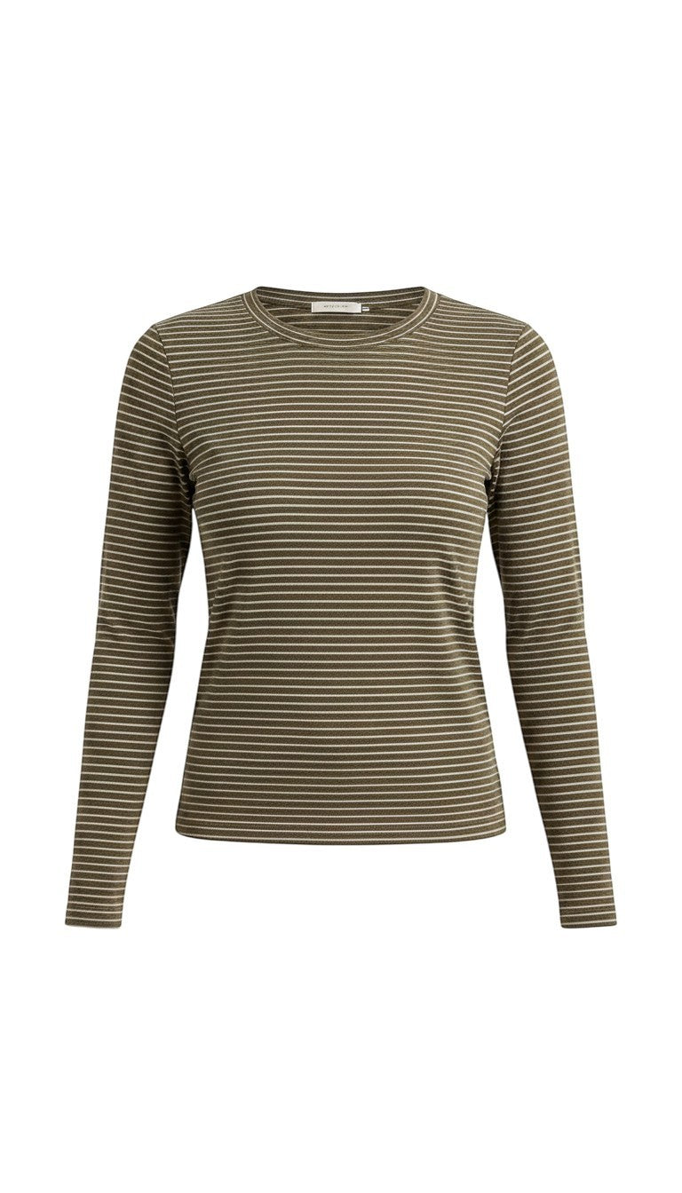 graced long sleeve top in olive green and white horizontal stripes with a classic crew neckline