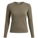 graced long sleeve top in olive green and white horizontal stripes with a classic crew neckline