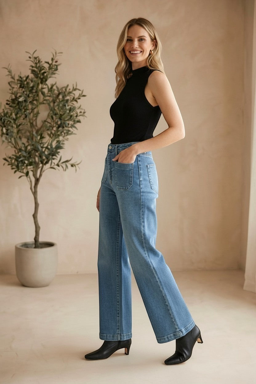 JBD Patch Pocket Wide Leg Jeans, stylish denim bottoms with patch pockets and a relaxed wide-leg fit.