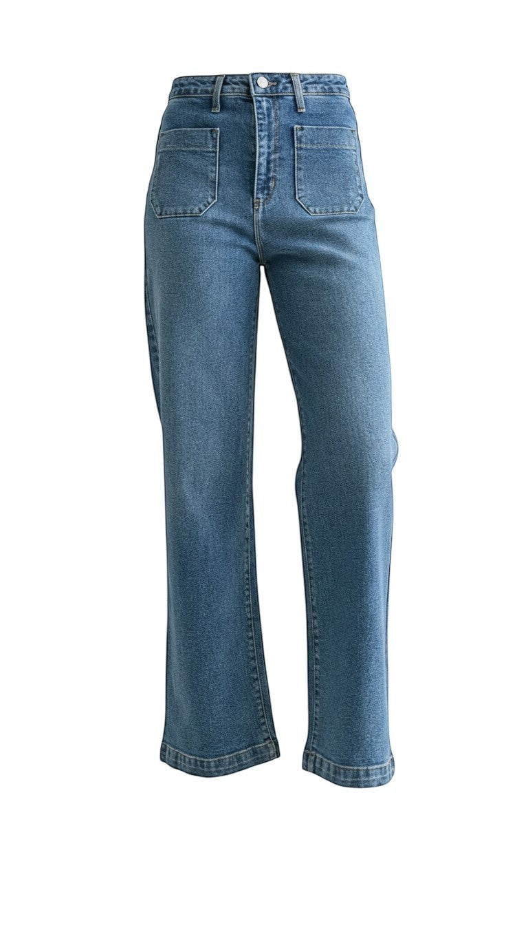 JBD Patch Pocket Wide Leg Jeans showing front view with patch pockets, high waist, and relaxed fit in denim fabric.