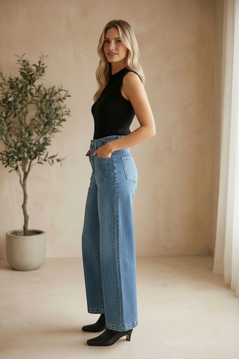 JBD patch pocket wide-leg jeans, casual denim bottoms with large patch pockets and relaxed fit, front view.