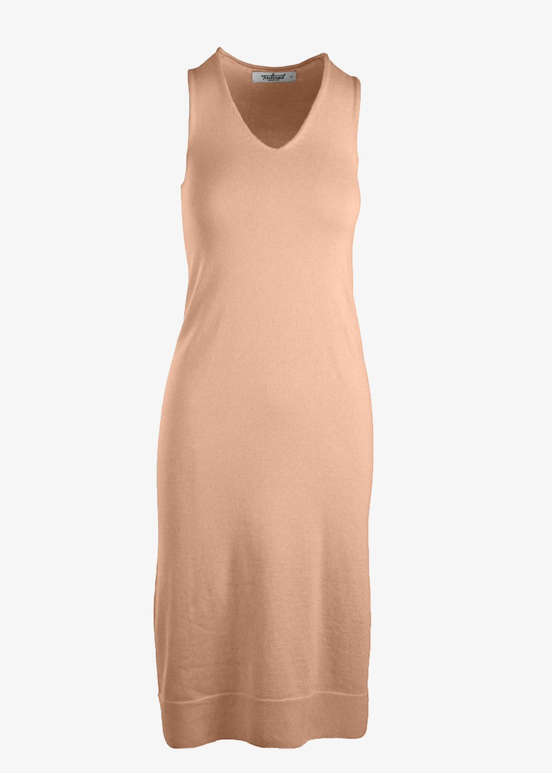 graced peach 100% cotton sleeveless V-neck midi dress with 1x1 links hem detail